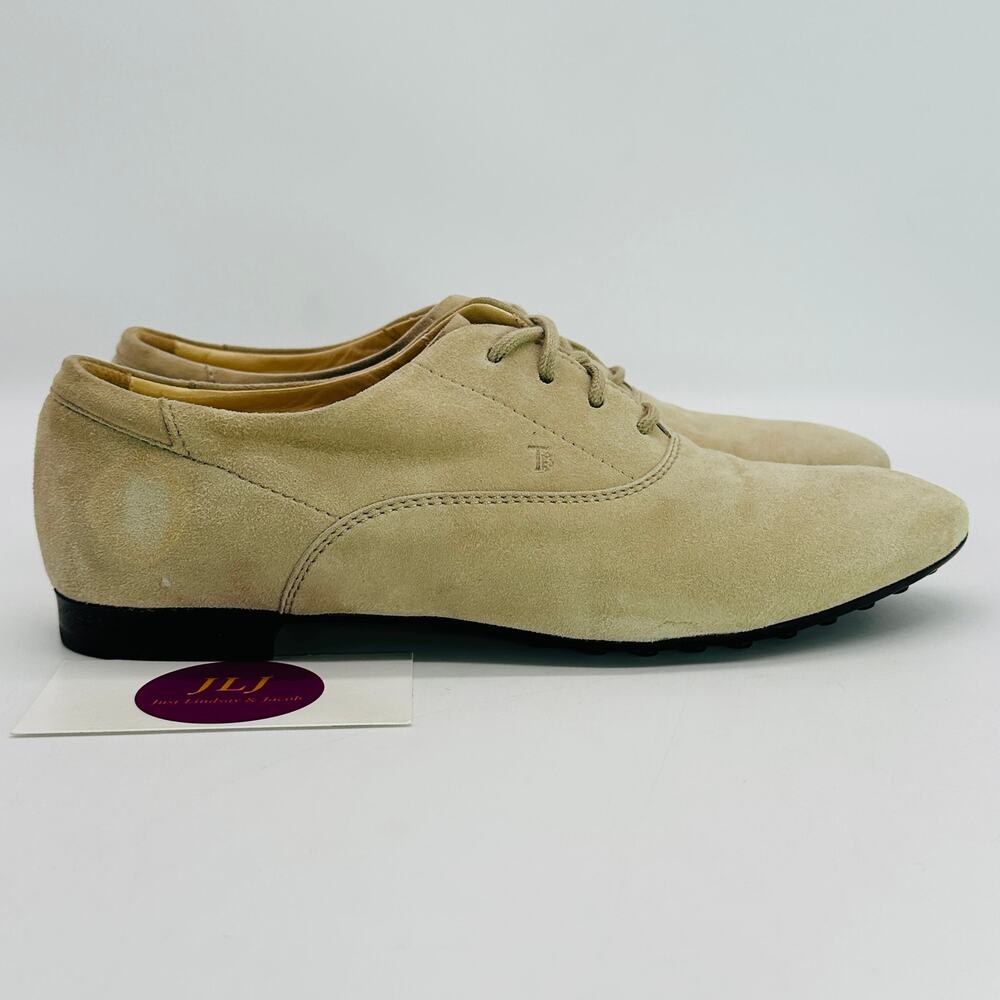 Tod's Women's Beige Suede Lace Up Italian Oxford Shoes Size 36.5 EU/ 6.5 US